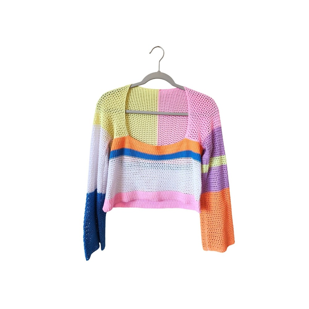 Womens Colorblock Crochet‎ Crop Top Patchwork Knit Sweater Small, Y2K Festival